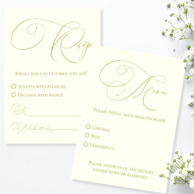 RSVP de Marfim e Dourado com placa de resposta de  (Ivory & Gold RSVP with Meal Choice Response Card)