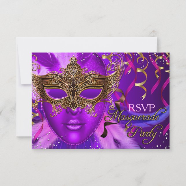RSVP de Mascarada de Máscara Roxo e Dourado (Frente)