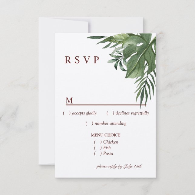 RSVP de Menu de Folhas Tropicais Exóticas (Frente)