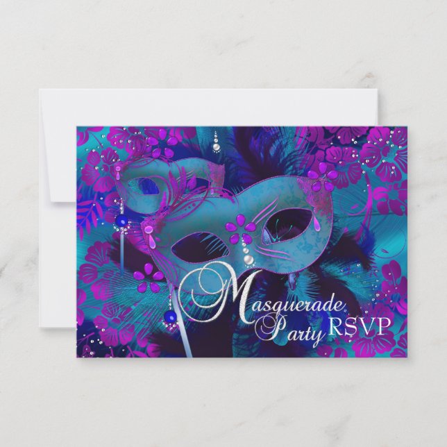 RSVP de Partido Mascarada Floral Purple & Teal (Frente)