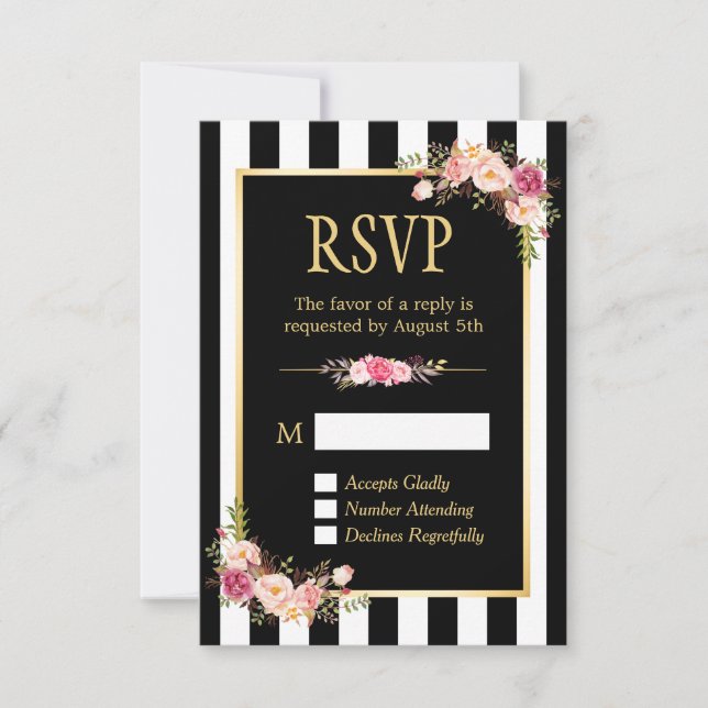 RSVP de Quadro Dourado de Flores com Listras Preta (Frente)