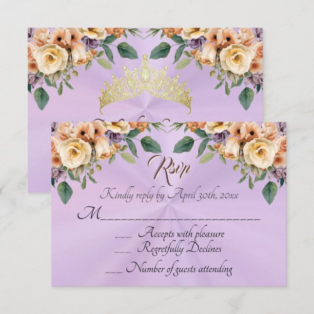 RSVP de Quinze Anos com Floral em Lavanda (Frente/Verso)