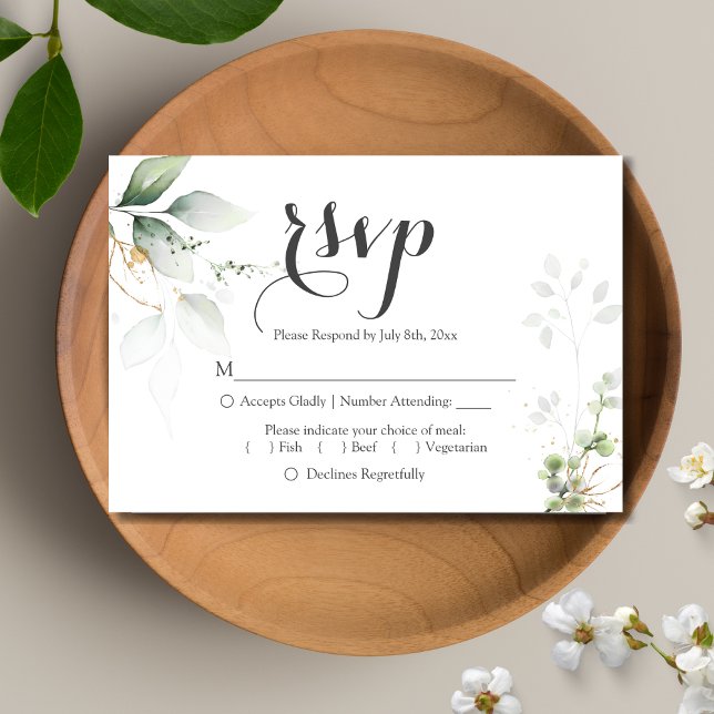 RSVP de Recepção de casamento de Folhas Douradas G (Watercolor Greenery RSVP Card)
