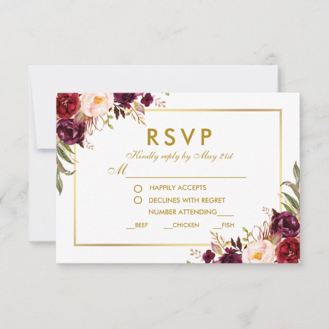 RSVP de Refeição de Casamento Dourado Floral Burgu (Frente)