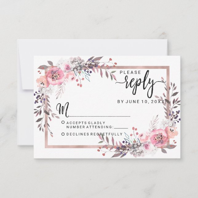 RSVP de Resposta de Casamento Floral de Frame e Ro (Frente)