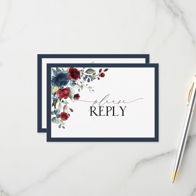 RSVP de Script Floral de Aquarela Azul Burgundy (Frente/Verso In Situ)