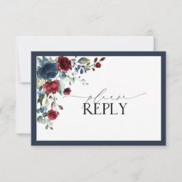 RSVP de Script Floral de Aquarela Azul Burgundy