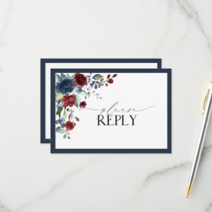 RSVP de Script Floral de Aquarela Azul Burgundy