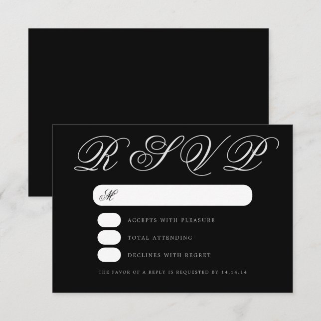 RSVP de Script Preto de Casamento Elegante Simples (Frente/Verso)