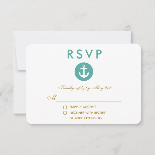 RSVP de Teal de Âncora Náutica de Casamento Dourad (Frente)