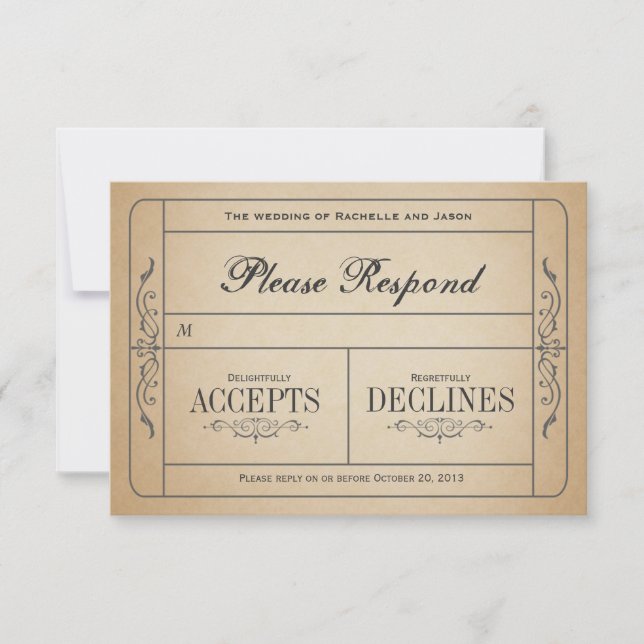 RSVP de Tíquete do casamento vintage (Frente)