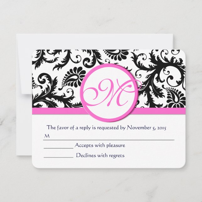 RSVP de Triagem Rosa com Damasco Preto e Branco (Frente)