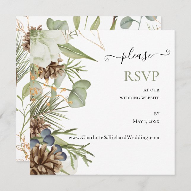 RSVP de Website de Casamento de Pinecones Botânico (Frente/Verso)