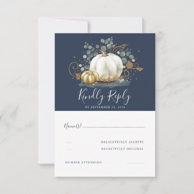 RSVP do Casamento outono Pumpkins branco e Dourado (Frente)