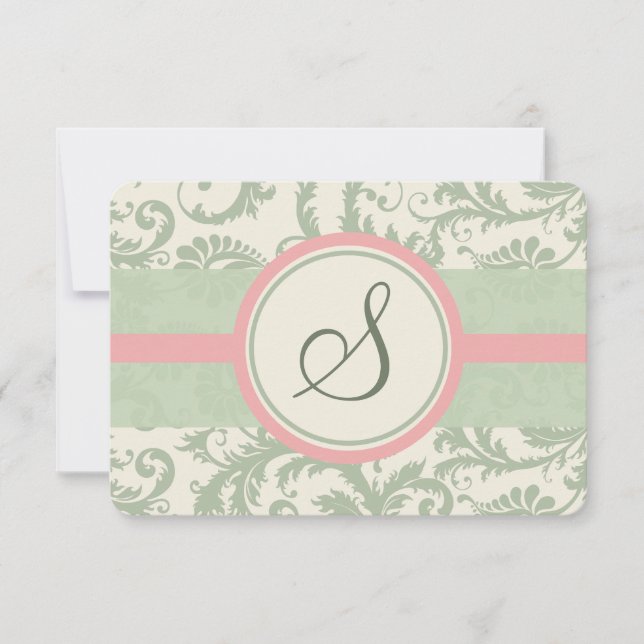 RSVP do Casamento tema damasco Rosa Sage Green e D (Frente)
