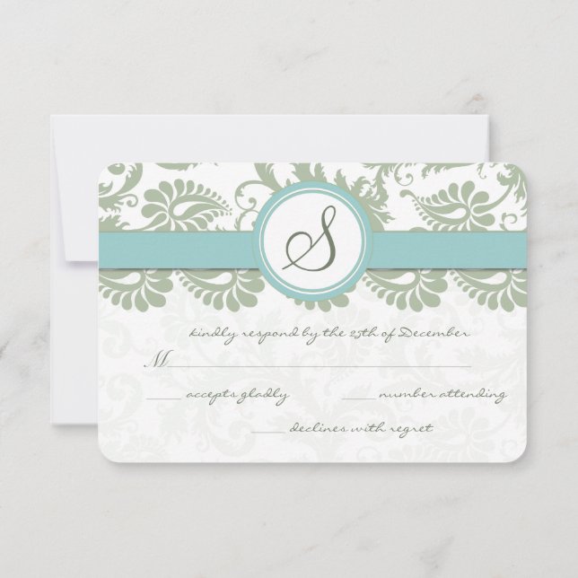 RSVP do Casamento tema damasco Sage Green e Aqua (Verso)