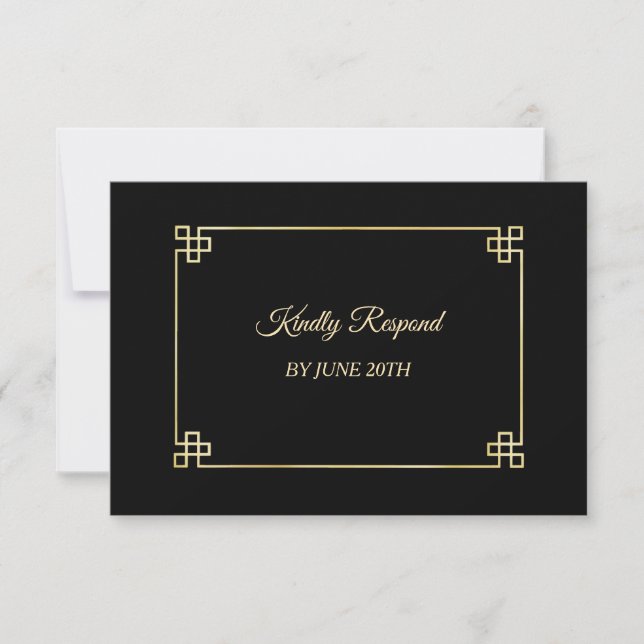 RSVP do Menu de Casamento de Quadro Dourado Preto  (Frente)