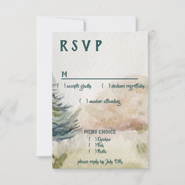 RSVP do Menu de Casamento Evergreen da Porta da Mo (Frente)