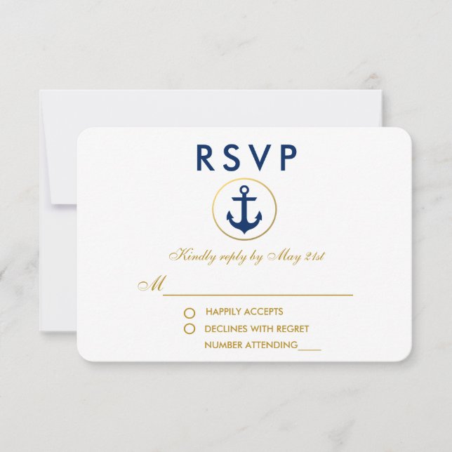 RSVP Dourada de Âncora Azul de Casamento Náutico (Frente)