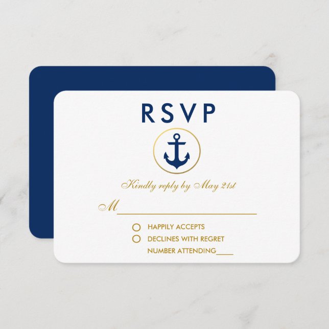 RSVP Dourada de Âncora Azul de Casamento Náutico (Frente/Verso)