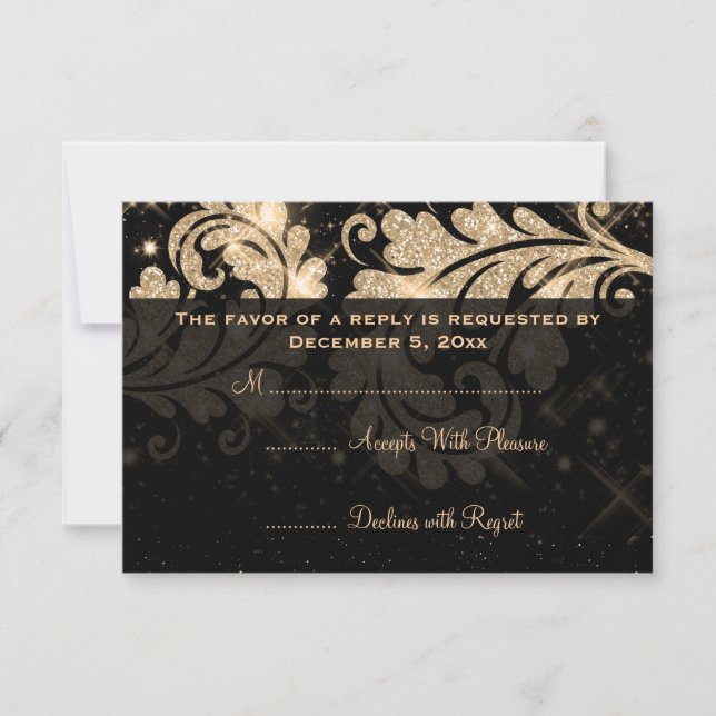 RSVP Dourada Floral Glitter Swirl de Casamento Ele (Frente)