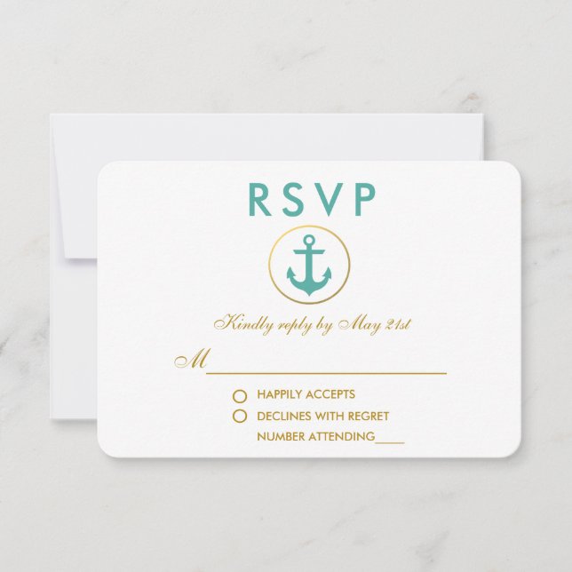 RSVP Dourado de Teal de Âncora Náutica de Casament (Frente)