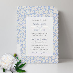 RSVP e Convite de Casamento de Padrão Floral Azul