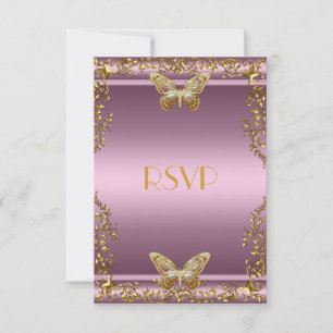 RSVP Elegante Borboleta Dourada Rosa de Aniversári