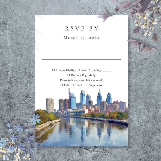 RSVP Elegante cartão de confirmação de presença de casa (Elegant Philadelphia Skyline Watercolor Wedding RSVP Card)