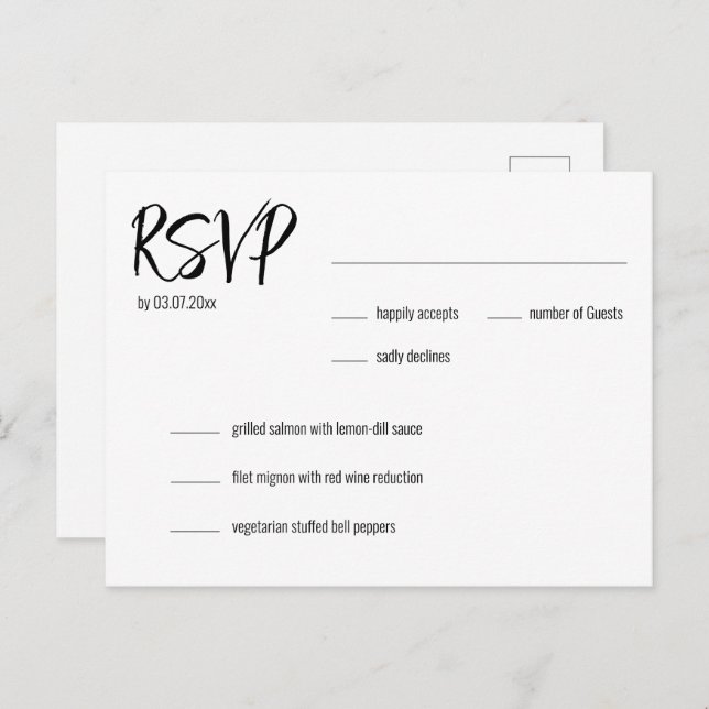 💍 RSVP Elegante minimalista e escolha de menu (Frente/Verso)