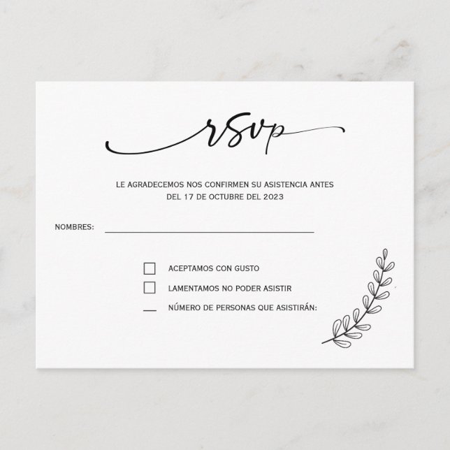Rsvp em cartão postal de casamento espanhol (Frente)