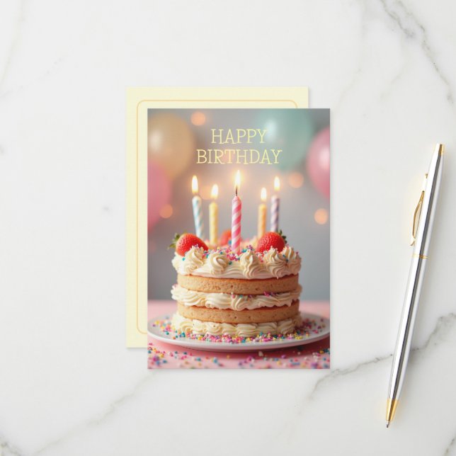 RSVP Feliz Cartão de Aniversário com bolo (Frente/Verso In Situ)