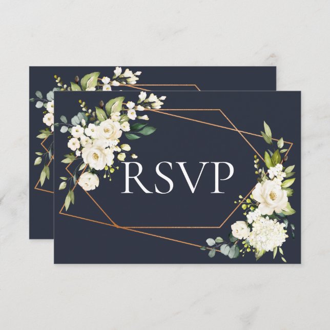 RSVP Floral Branco Azul Geométrico (Frente/Verso)