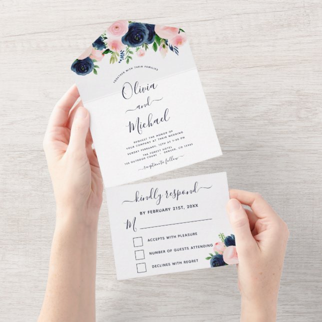 RSVP Floral Cor-de-rosa Azul Marinho Blush (Aba destacável)