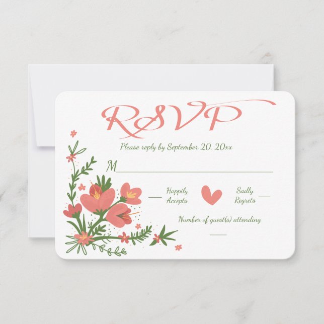 RSVP Floral Coral Rosa E Flor Verde - Sem Menu (Frente)