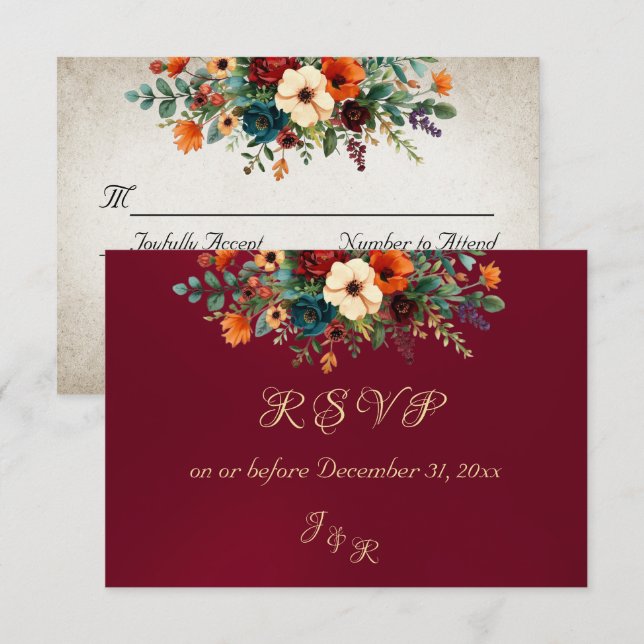 RSVP Floral de Outono & Coroa - Borgonha (Frente/Verso)