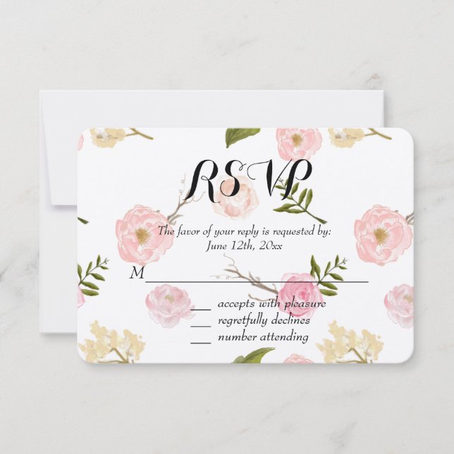 RSVP Floral Românico de Jardim de Aquarela Rosa (Frente)