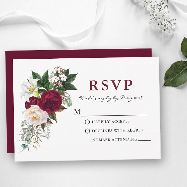 RSVP Floral Verde Burgundy Aquarela (Customize to change text color, text style or color of back of card.)