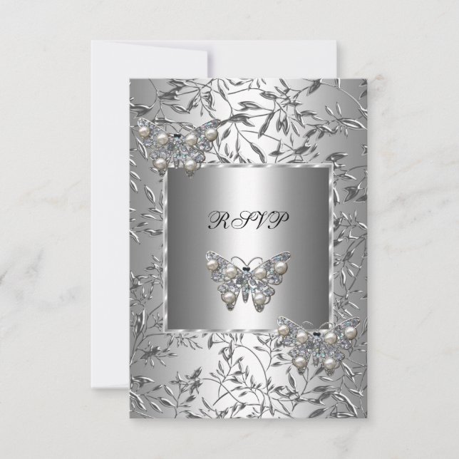 RSVP Jóia de Borboleta Floral Prateada Elegante (Frente)