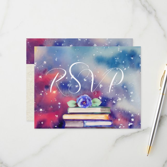 RSVP Kindly Reply Watercolor Books Casamento Roxo (Frente/Verso In Situ)
