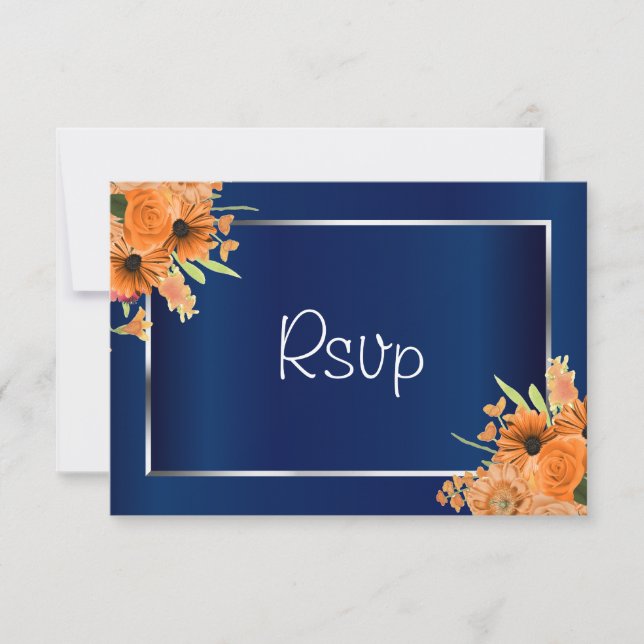 RSVP - Lindas Flores Laranja em Azul Marinho (Frente)