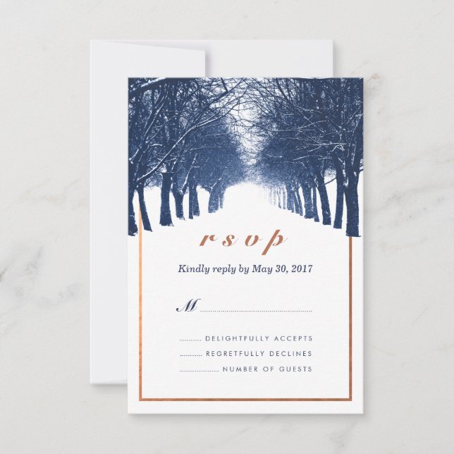RSVP Marinho Cobre Winter Trees Avenue Casamento Cartão (Frente)