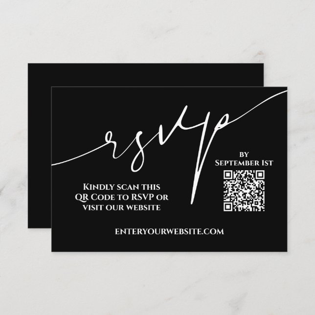 RSVP moderno para casamento com código QR preto e  (Frente/Verso)