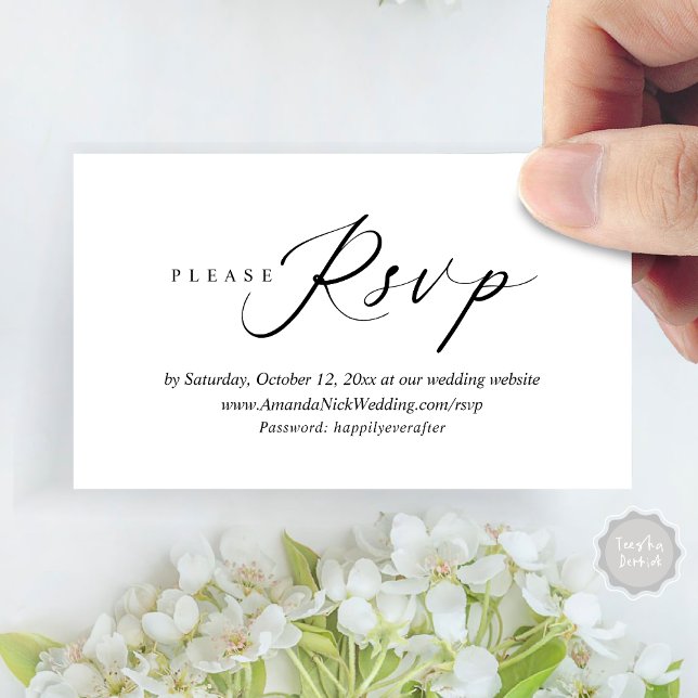 RSVP Online de Convite de Casamento, Cartão de Scr (Wedding Invitation Online RSVP Enclosed Card, Modern Romantic Script, Black and White)