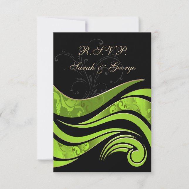 RSVP Padrão de casamento preto e verde 3,5 x 5 (Frente)