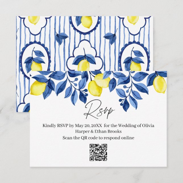 RSVP para Casamento de Limão com Listra Azul Medit (Frente/Verso)