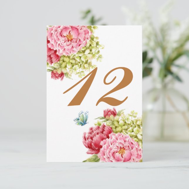 RSVP Peônias Hidrangeia Cartão de Mesa Nº 12 (Em pé/Frente)