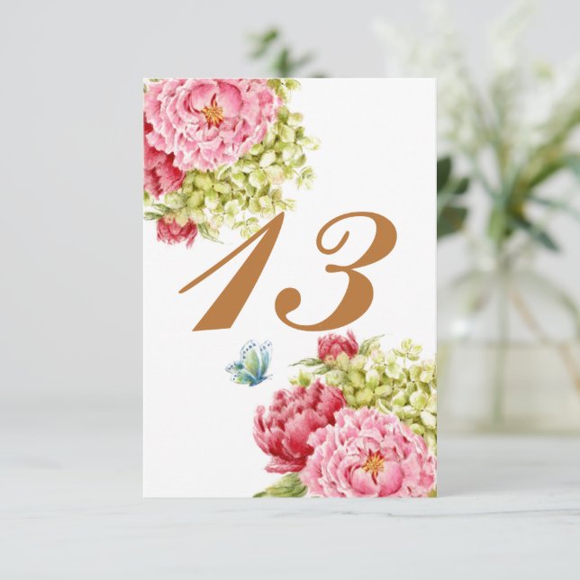 RSVP Peônias Hidrangeia Cartão de Mesa Nº 13 (Em pé/Frente)