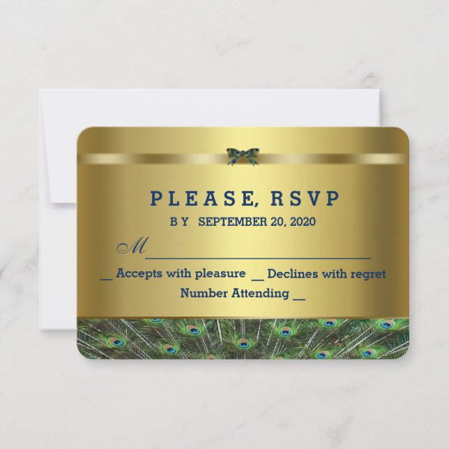 RSVP Personalizado de Casamento de Peacock Dourado (Frente)