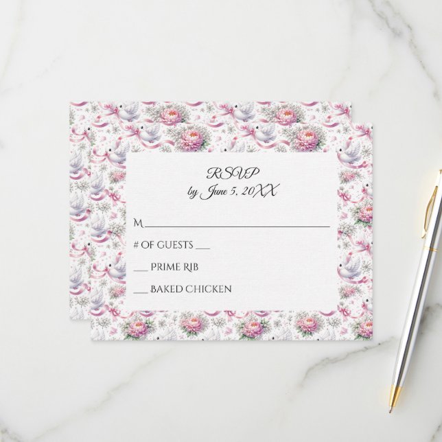 RSVP Pombas Casamento com Peônias Rosa e Fitas (Frente/Verso In Situ)
